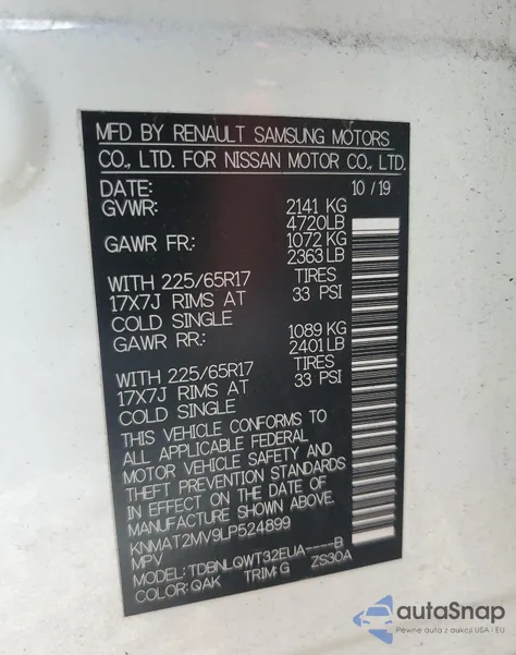 2020 Nissan Rogue S from USA, damaged, VIN KNMAT2MV9LP524899